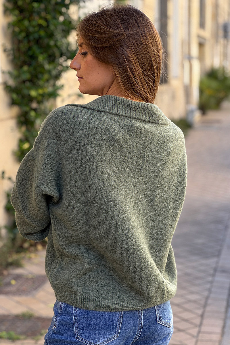 Olive Collared Fuzzy Knit Sweater with Sun Brooch