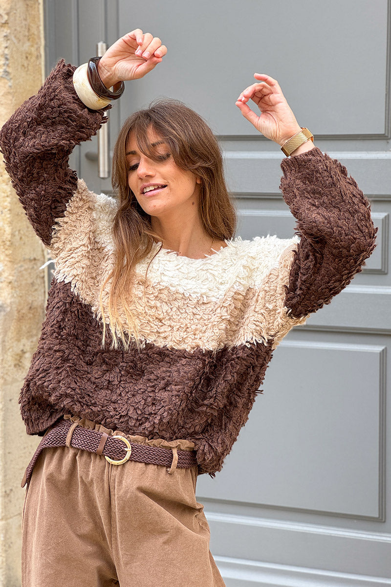 Pull en maille bouclette effet franges trio beige et marron