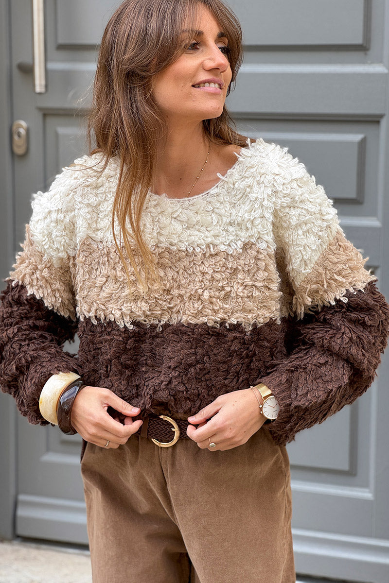 Pull en maille bouclette effet franges trio beige et marron