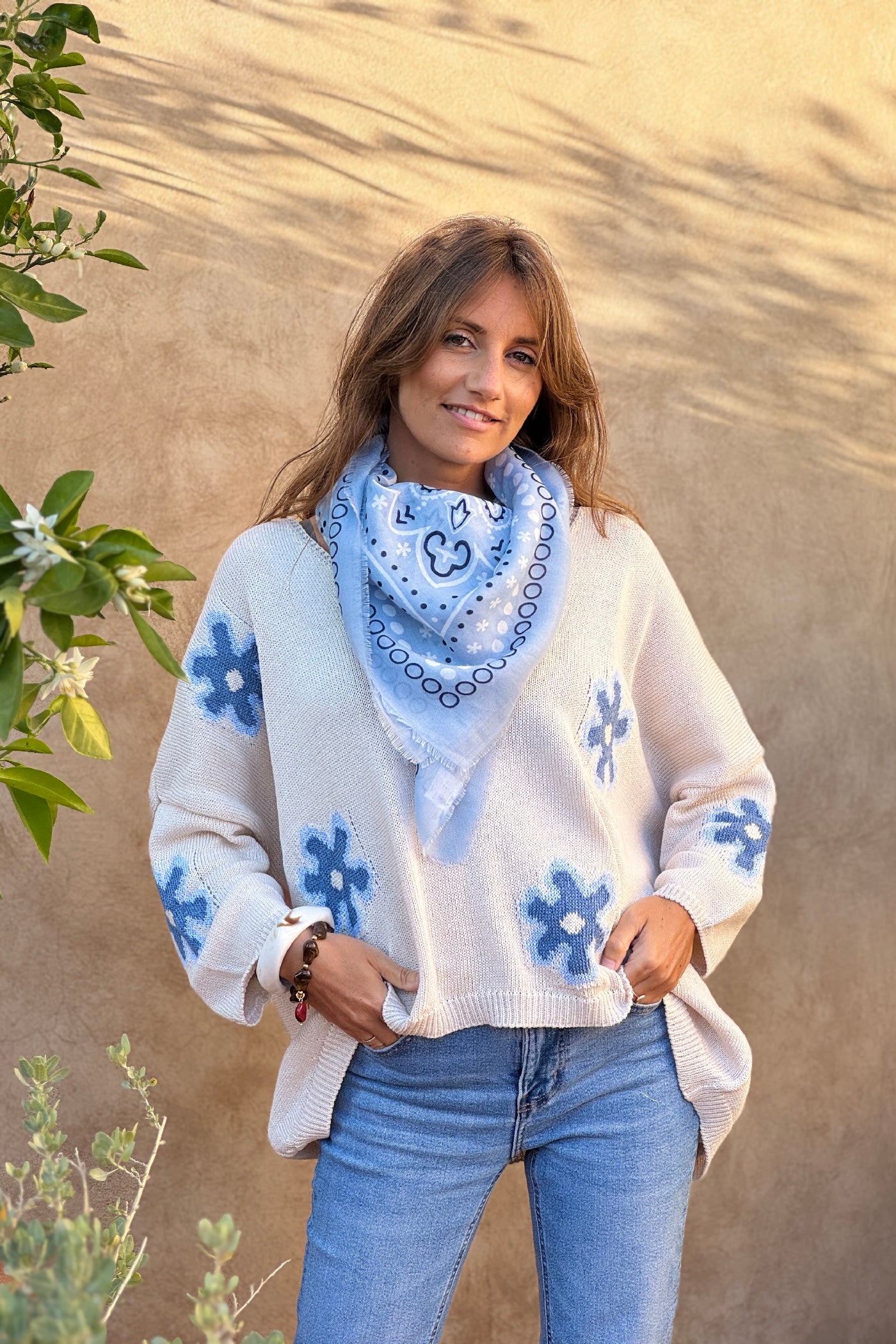 Beige Floral Applique V-Neck Sweater
