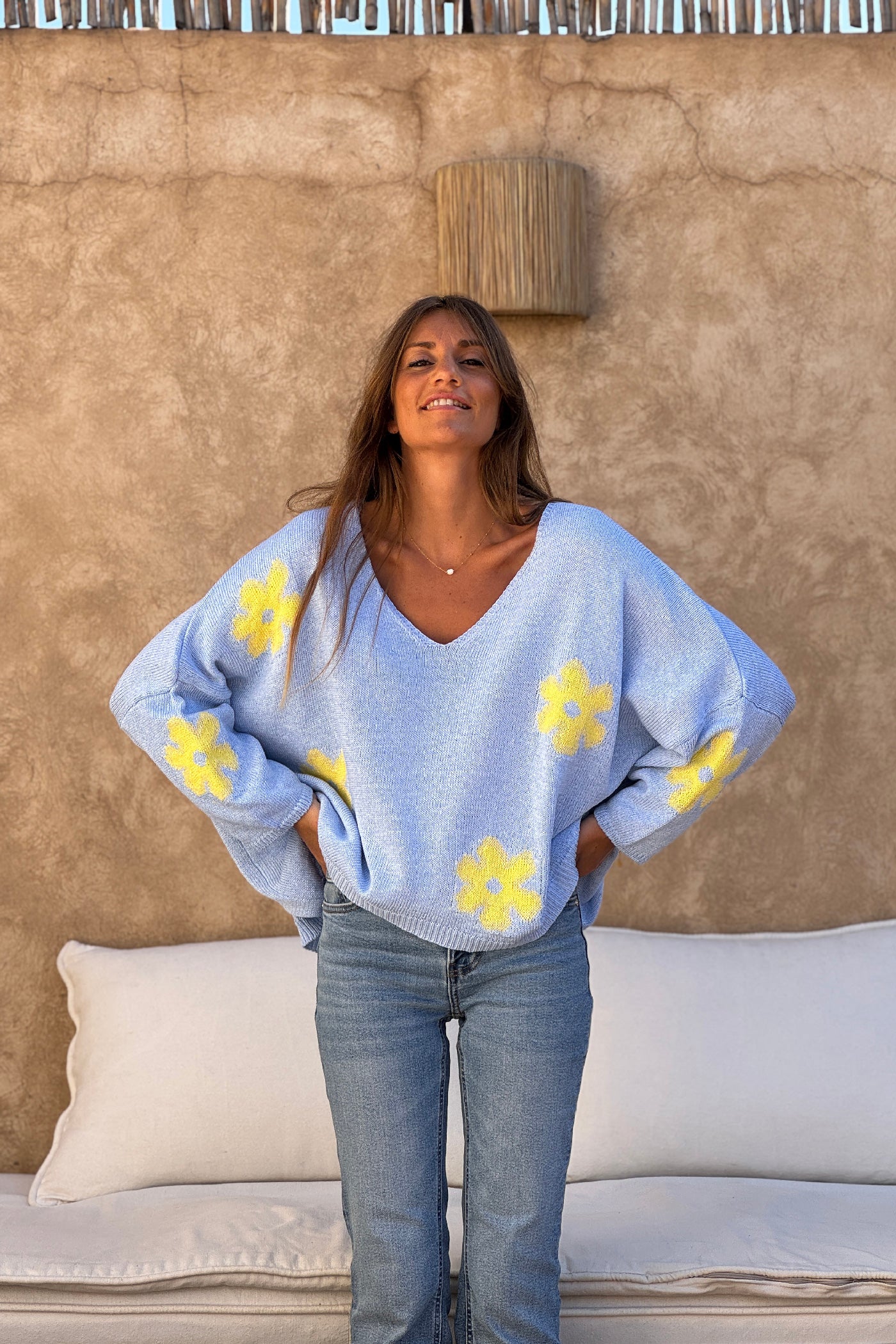Light Blue Floral Applique V-Neck Sweater