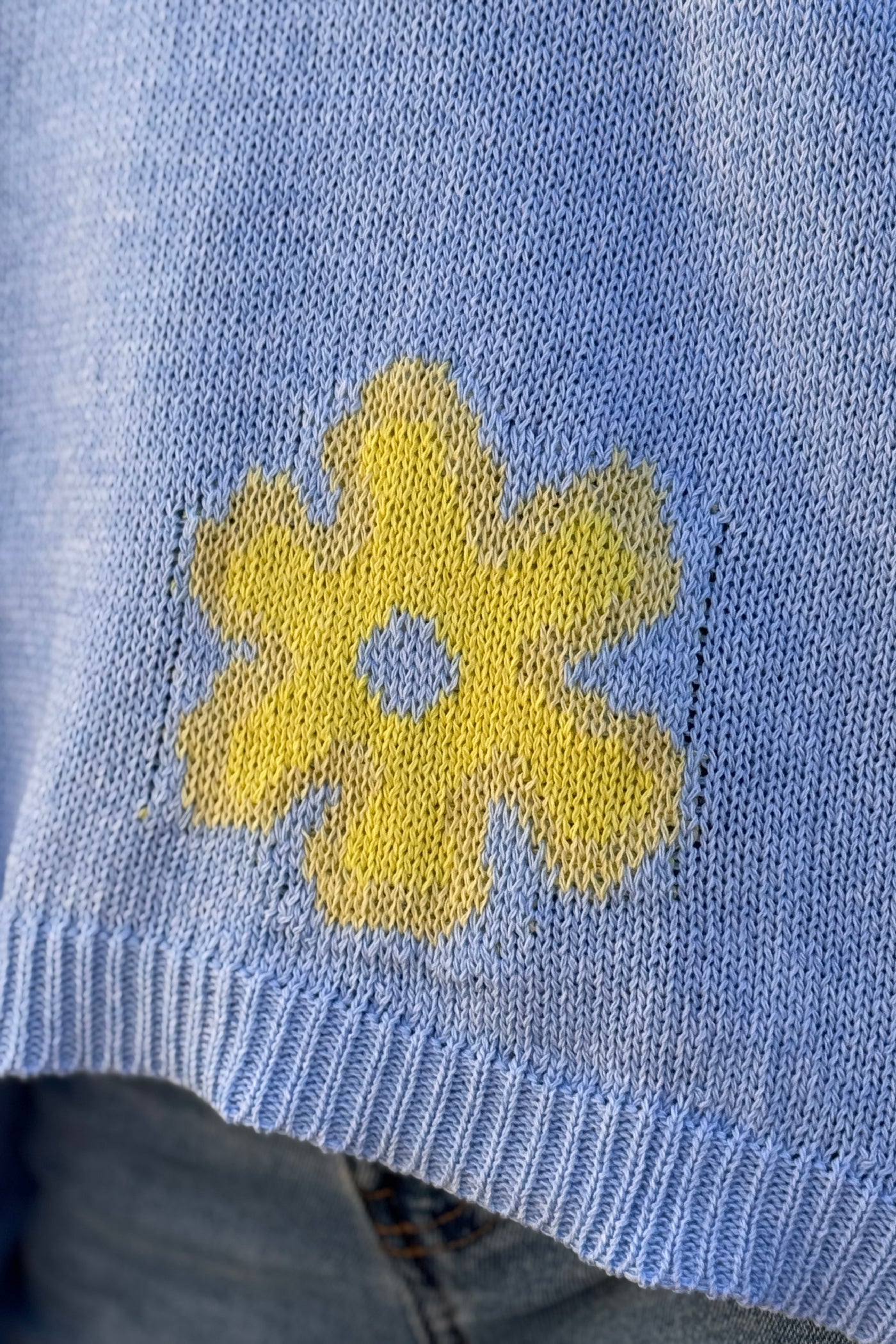 Light Blue Floral Applique V-Neck Sweater