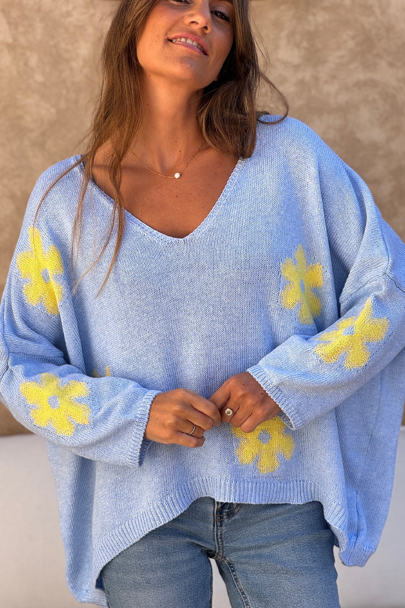 Light Blue Floral Applique V-Neck Sweater