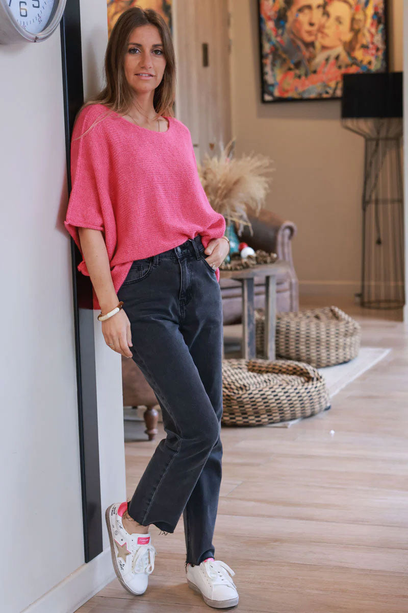 Pull fuchsia en maille manches larges chauves souris col rond
