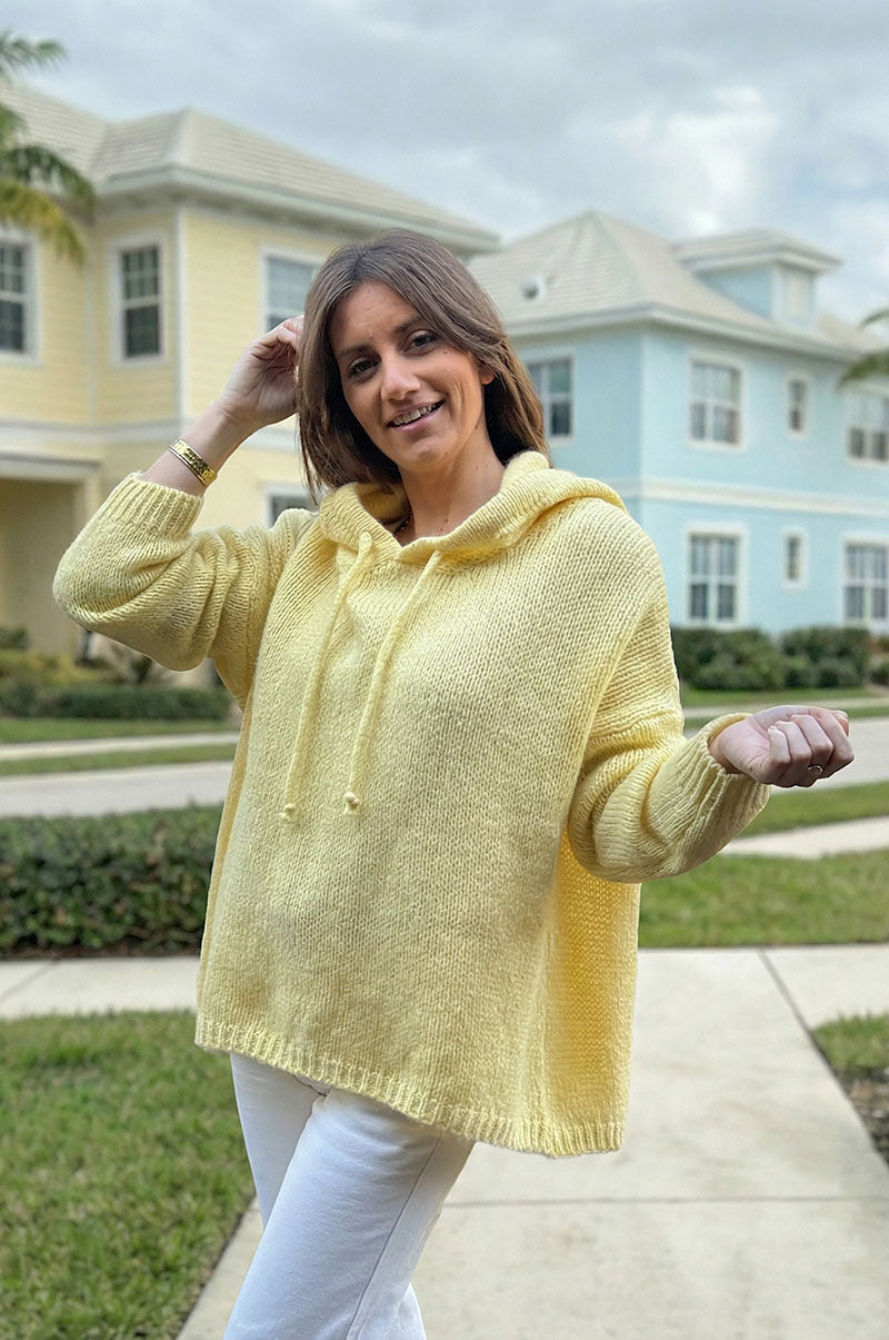 Butter Yellow Mohair Knit Zip-Front Hoodie