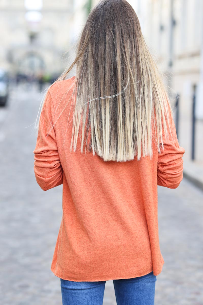 Pull jersey brique tout doux col v brillant H314 (1)