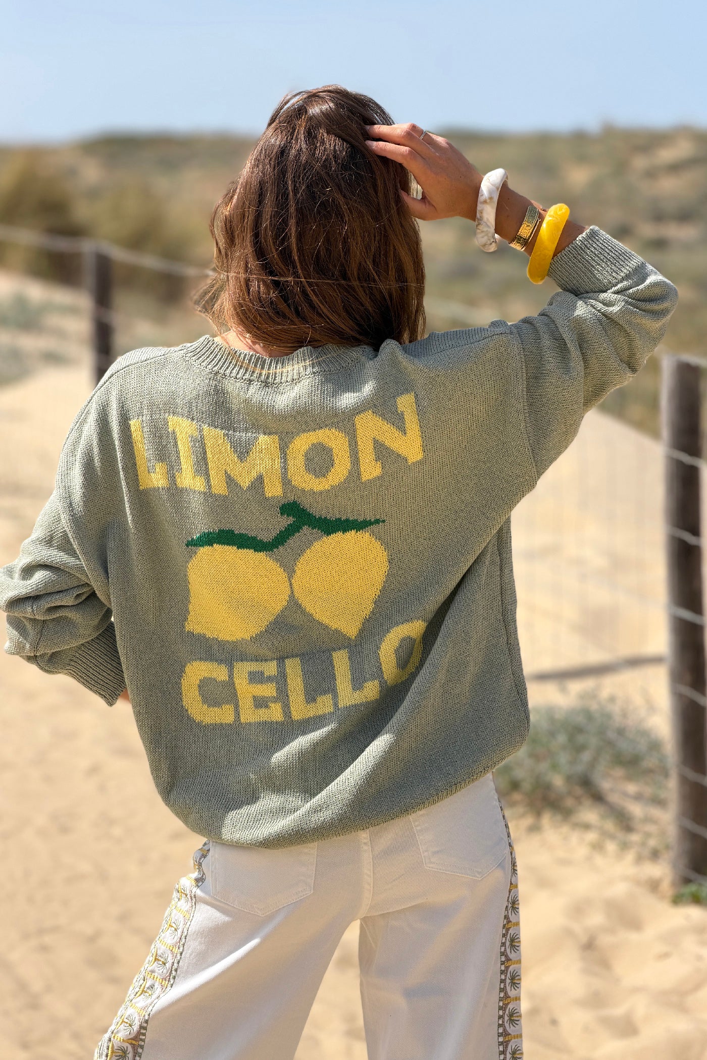 Pull kaki en maille d'été coton mélangé Limoncello citrons