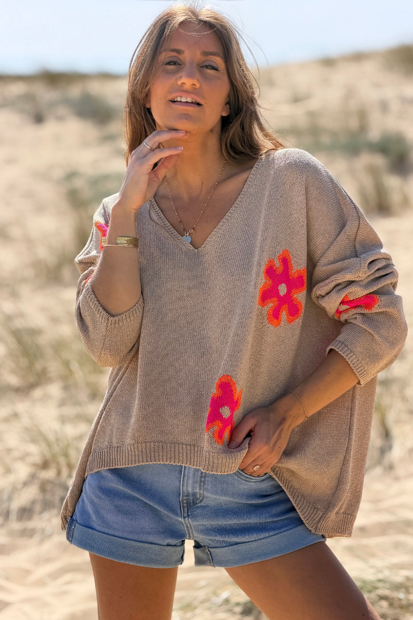 Camel Neon Daisy V-Neck Sweater