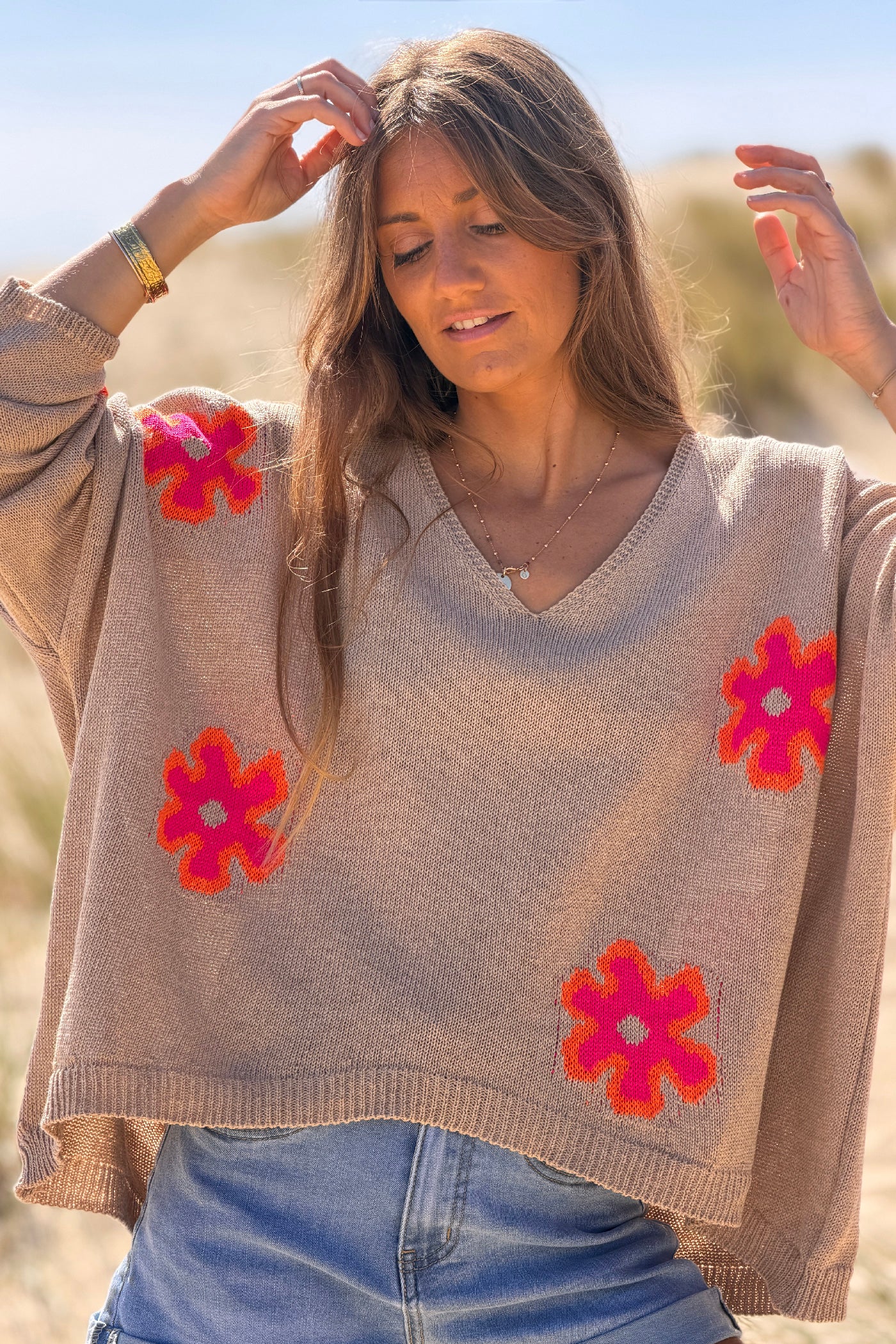Camel Neon Daisy V-Neck Sweater