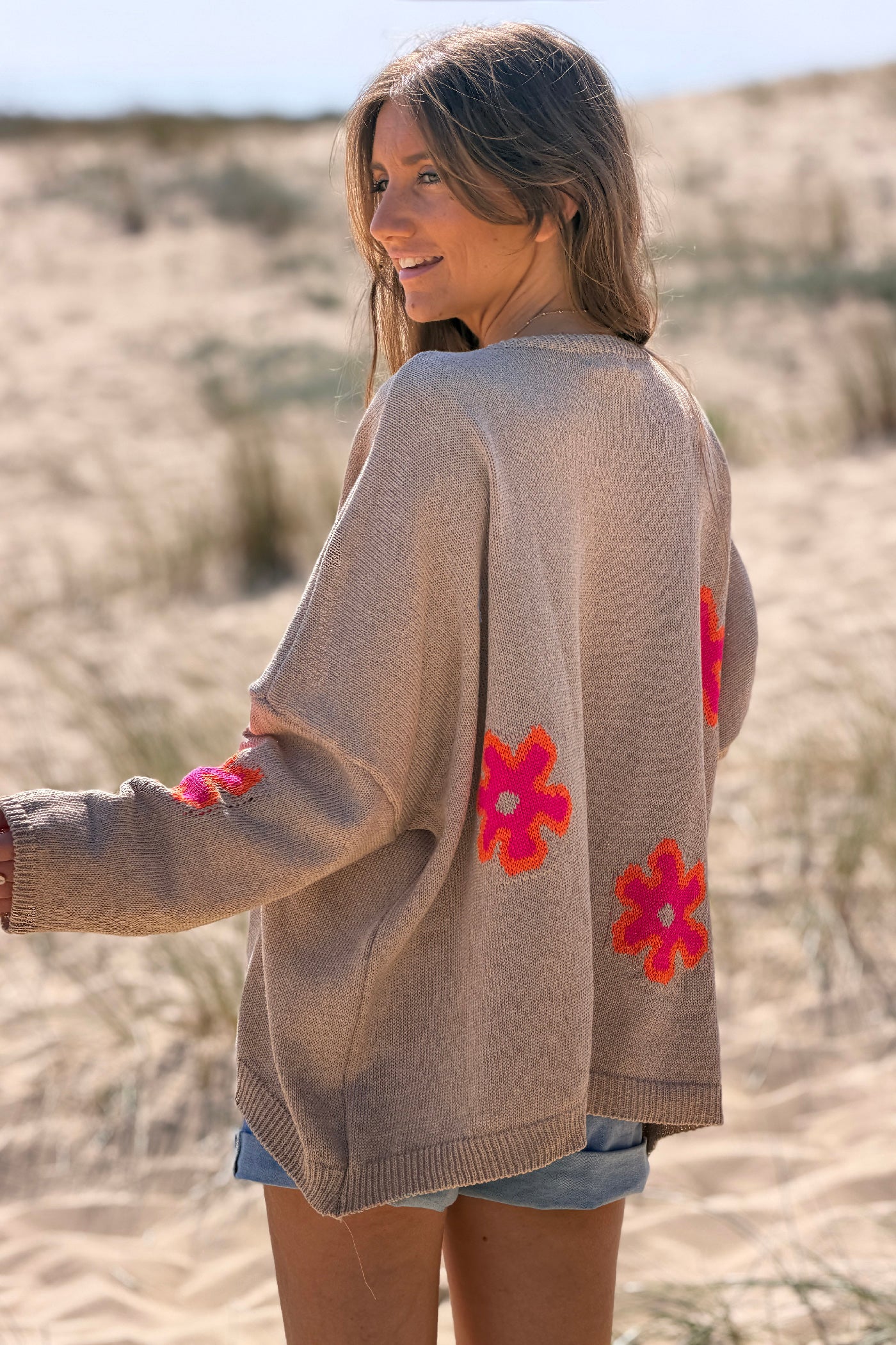 Camel Neon Daisy V-Neck Sweater