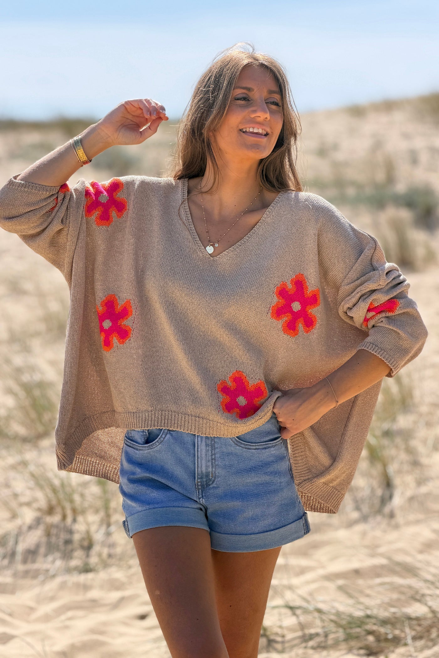Camel Neon Daisy V-Neck Sweater