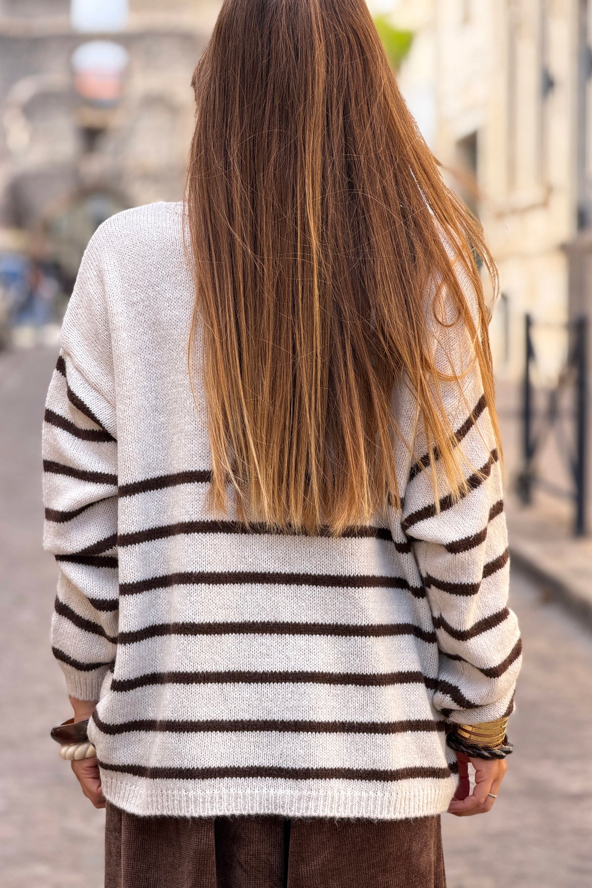 Off white and Brown striped sweater with amour in boucle