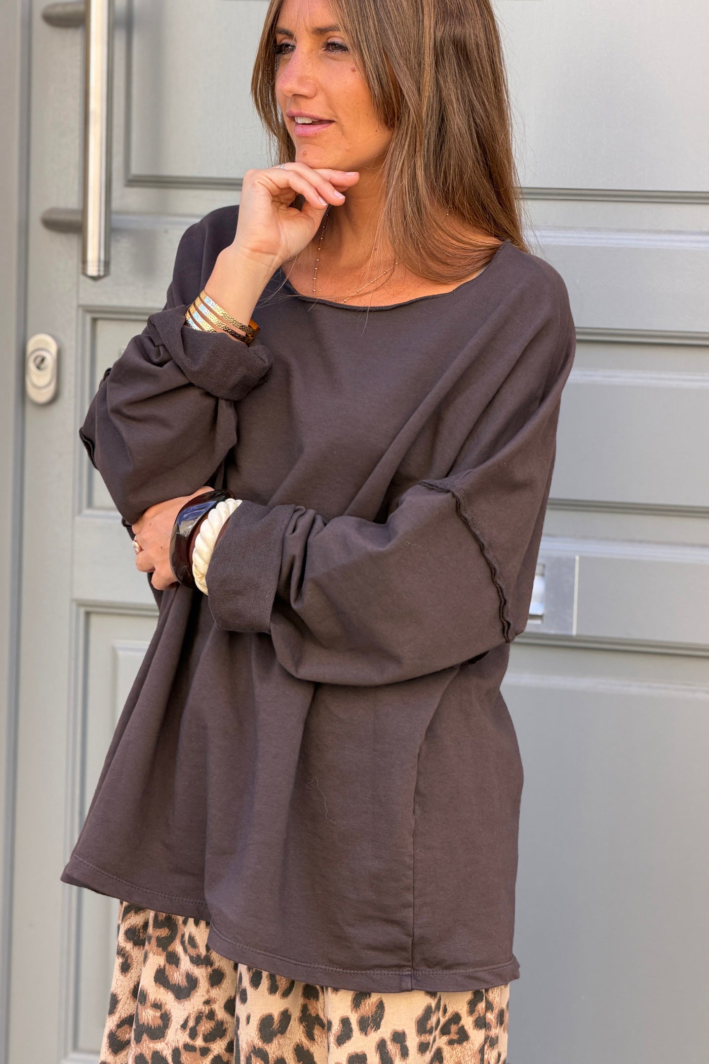 Chocolate Stretch Knit Long-Sleeve Slouchy Tee