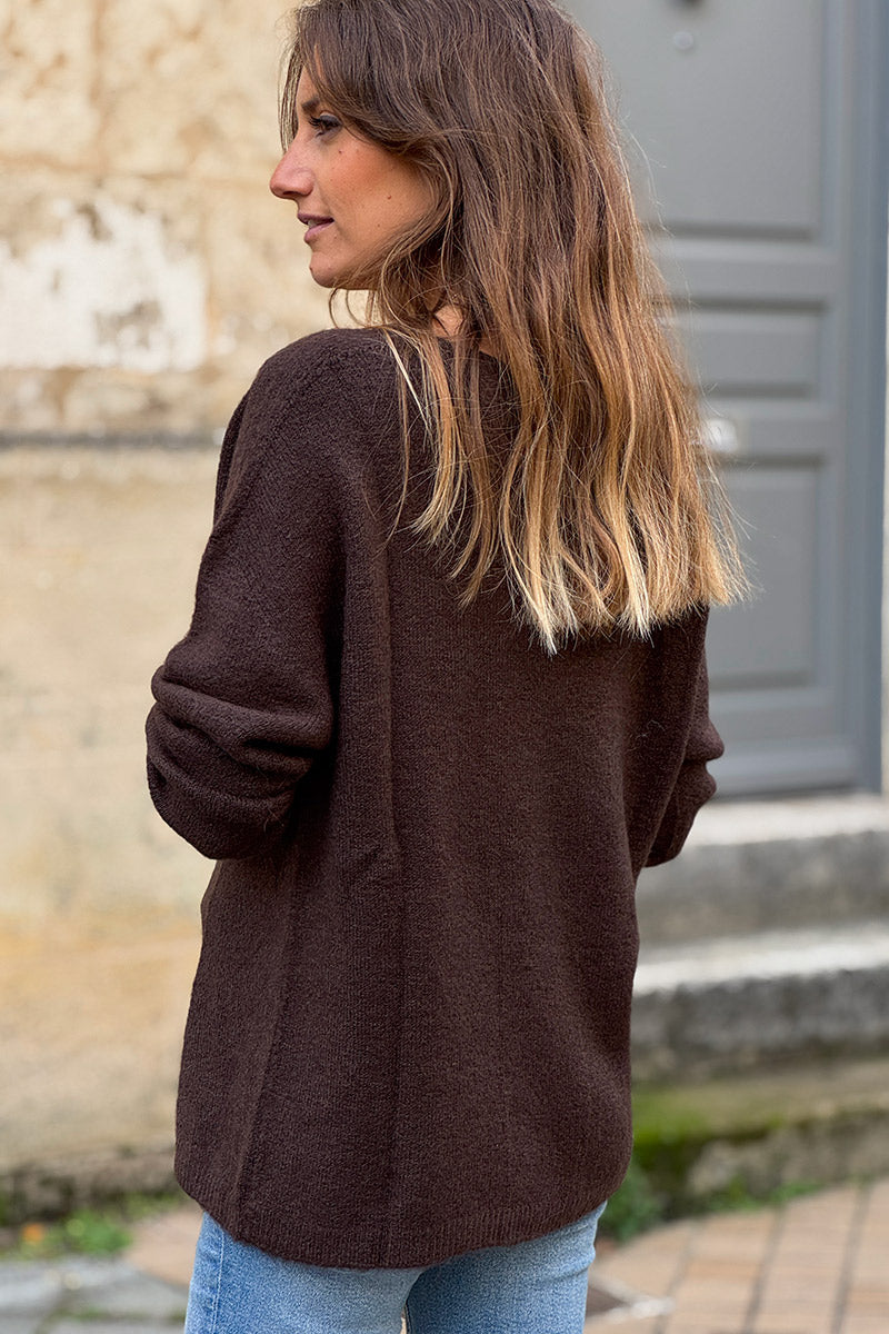 Brown Seamed V-Neck Sweater