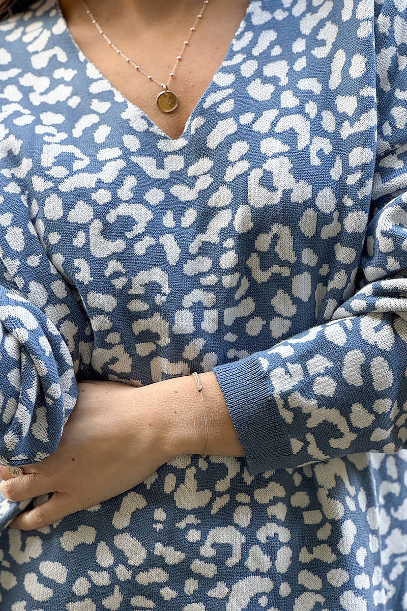 Blue Leopard Print V-Neck Viscose Sweater