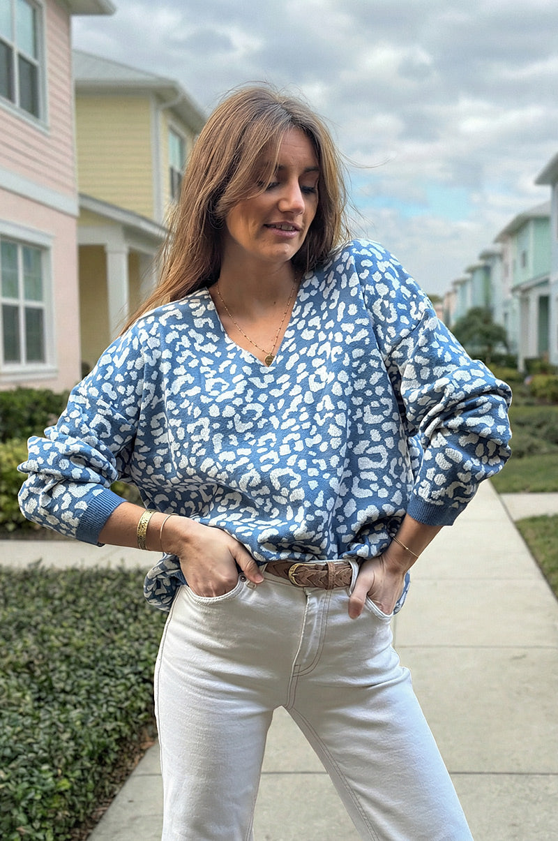 Blue Leopard Print V-Neck Viscose Sweater