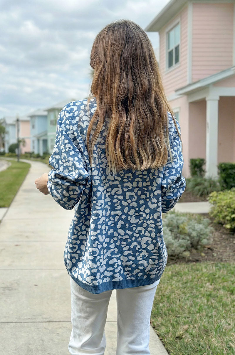 Blue Leopard Print V-Neck Viscose Jumper