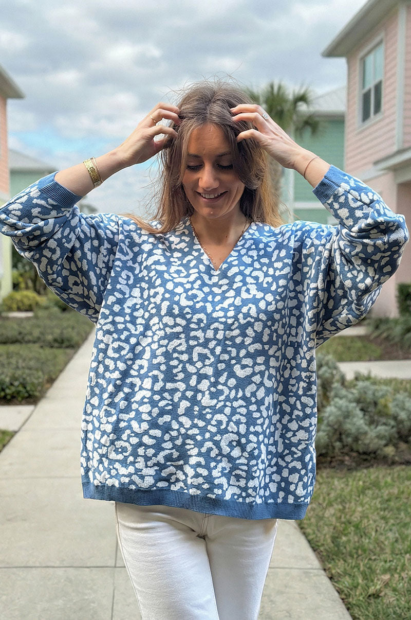 Blue Leopard Print V-Neck Viscose Jumper