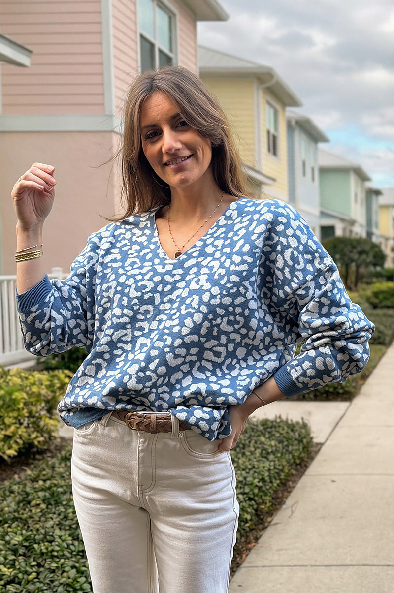 Blue Leopard Print V-Neck Viscose Jumper