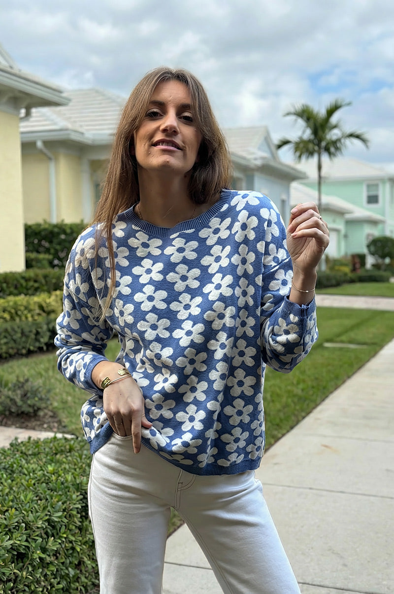 Blue Daisy Print Viscose Sweater