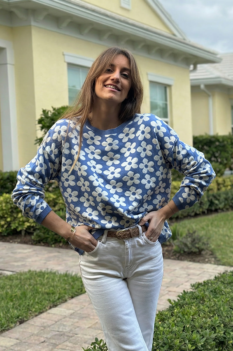 Blue Daisy Print Viscose Sweater