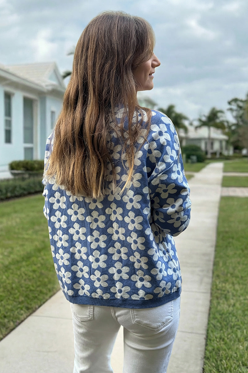 Blue Daisy Print Viscose Sweater