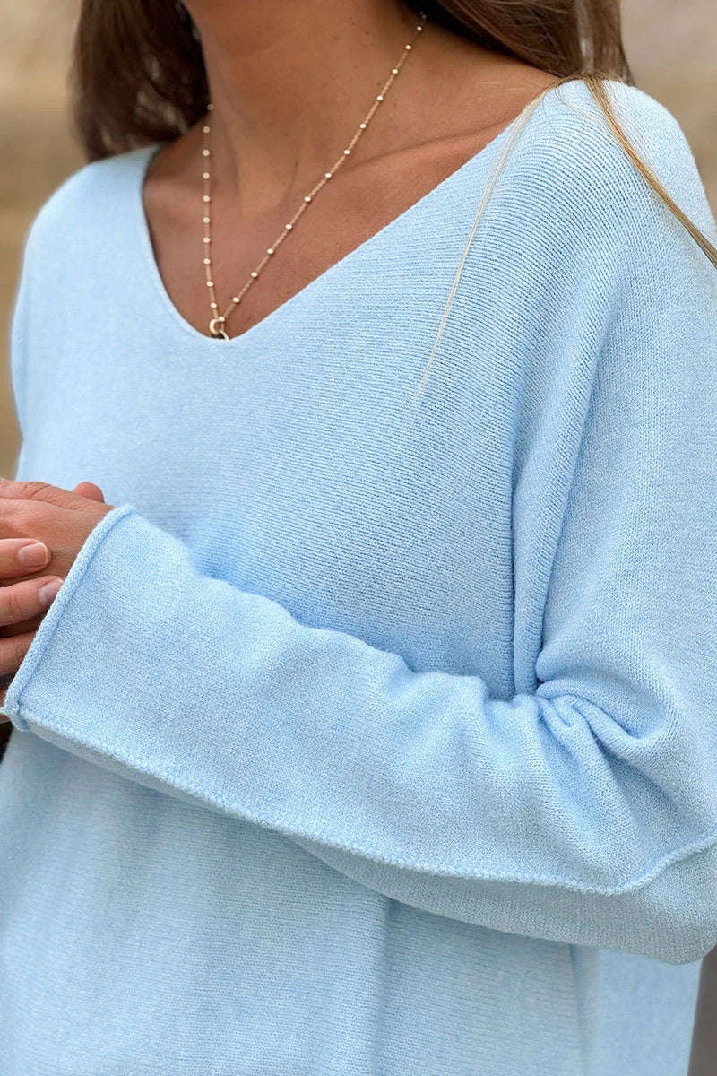 Pull moelleux tout doux bleu ciel col v
