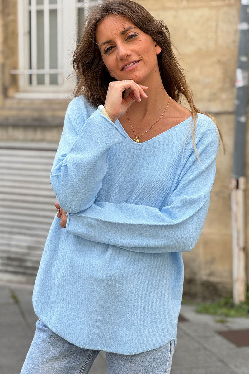 Pull moelleux tout doux bleu ciel col v