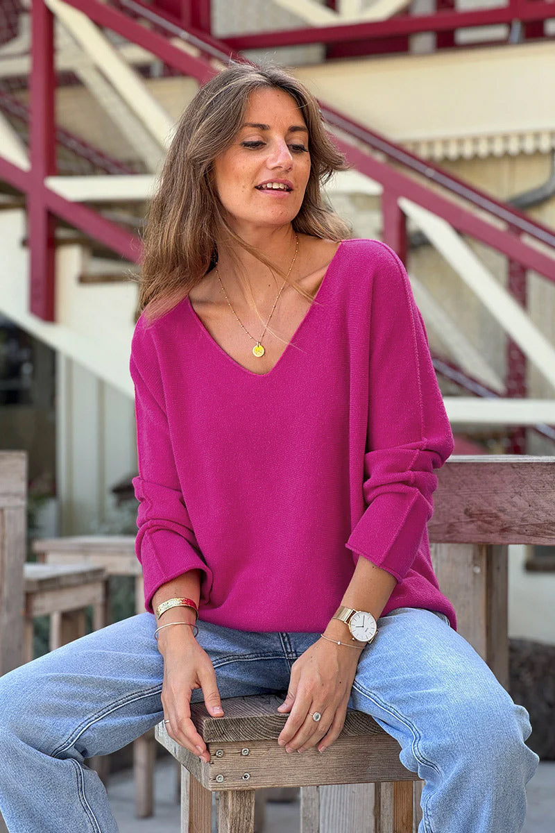 Hot Pink ultra-soft, Viscose Blend V-Neck Sweater