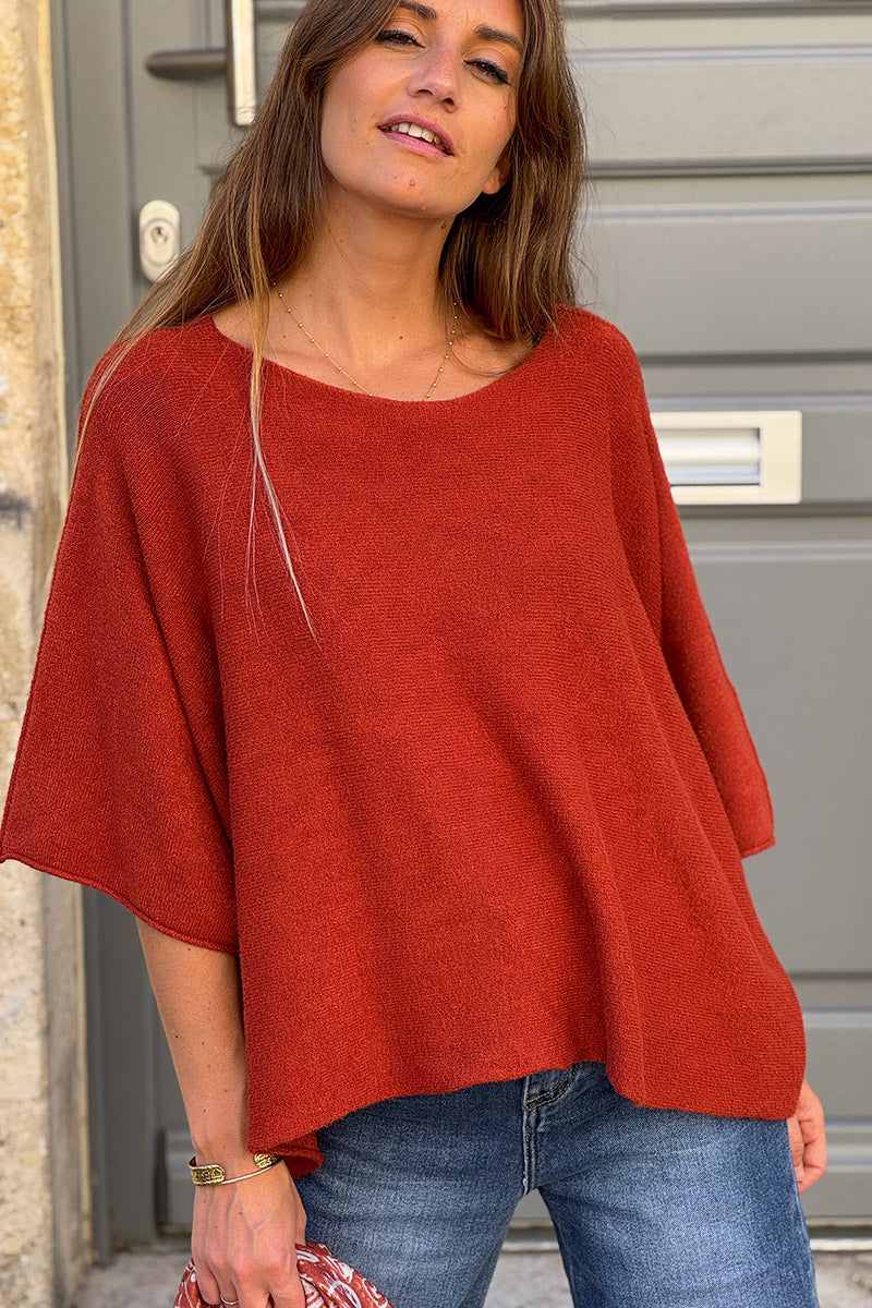 Pull moelleux et doux terracotta manches chauve souris col rond