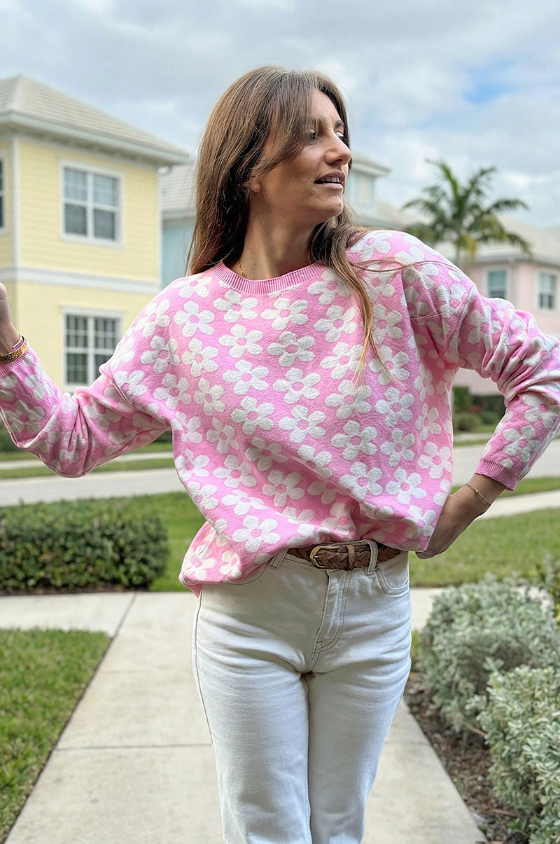 Pink Daisy Print Viscose Sweater