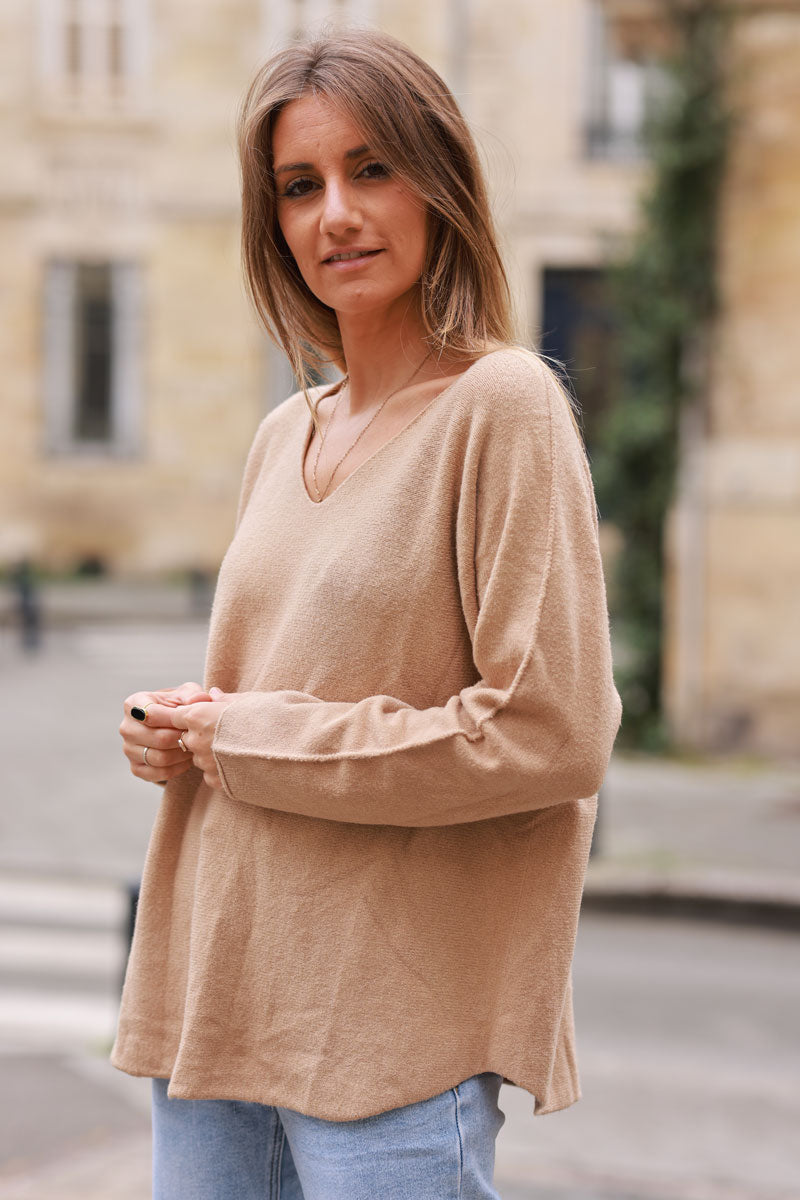 Light camel ultra-soft, Viscose Blend V-Neck Sweater