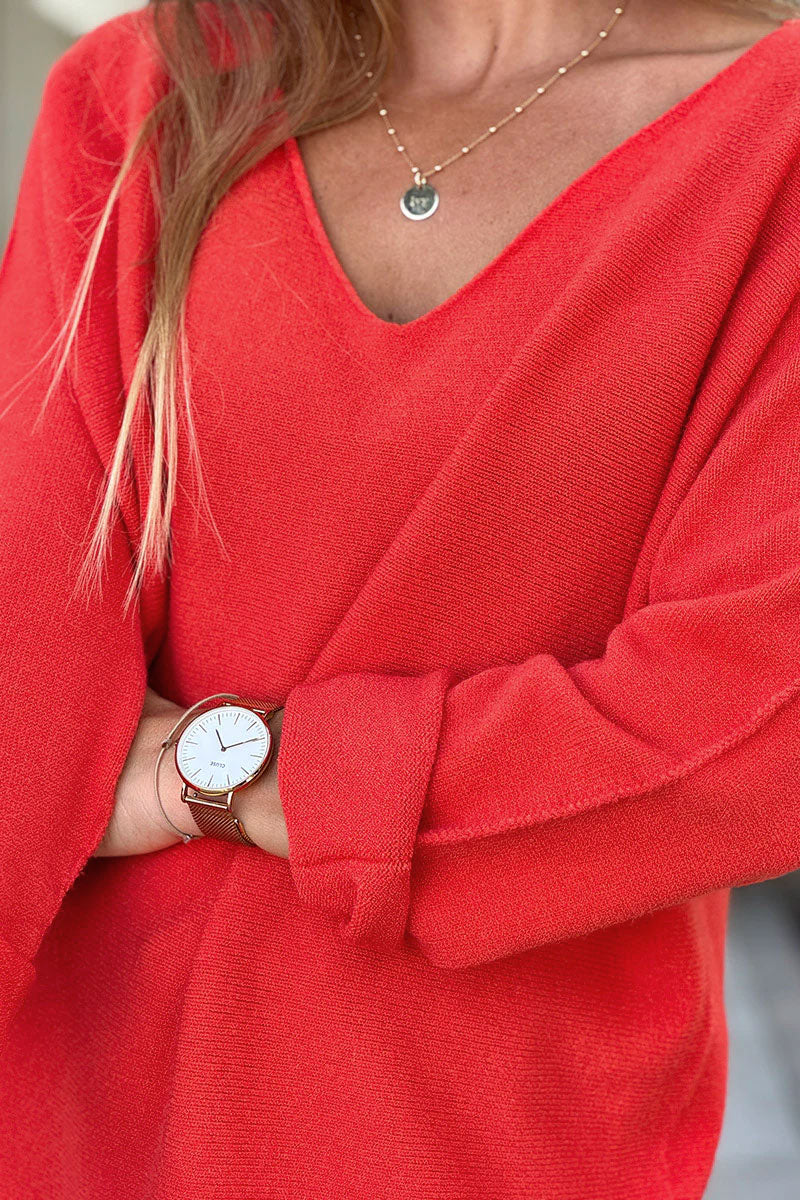 Suéter de cuello en V color naranja sangre súper suave y esponjoso
