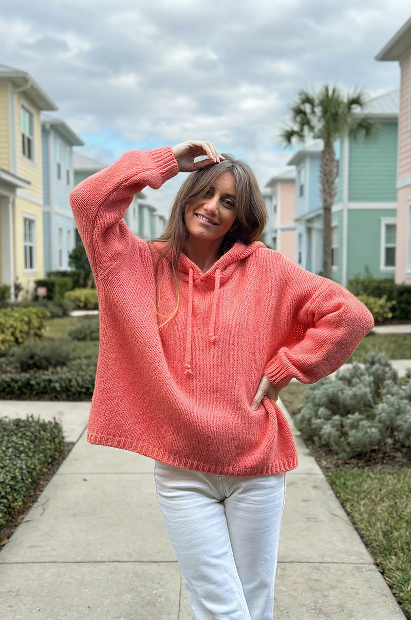 Orange Mohair Knit Zip-Front Hoodie