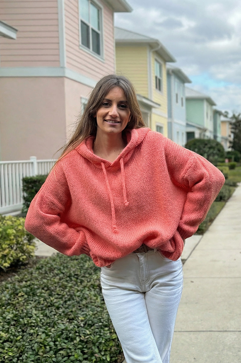 Orange Mohair Knit Zip-Front Hoodie