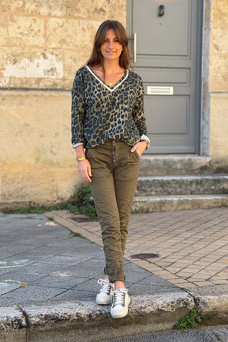 Pull petite maille laine kaki imprimé léopard