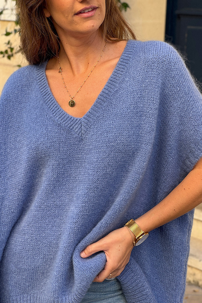 Blue V-Neck Sweater Poncho
