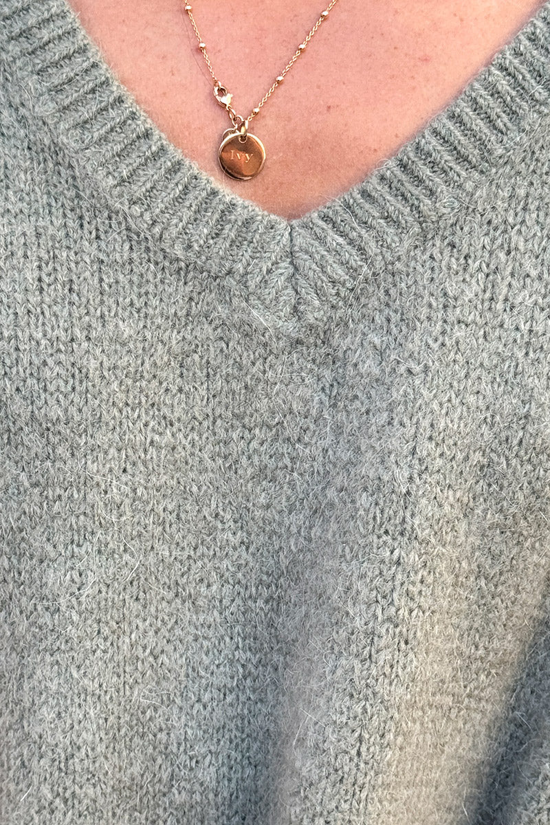 Pull sans manches large et moelleux kaki en mohair col v côtelé