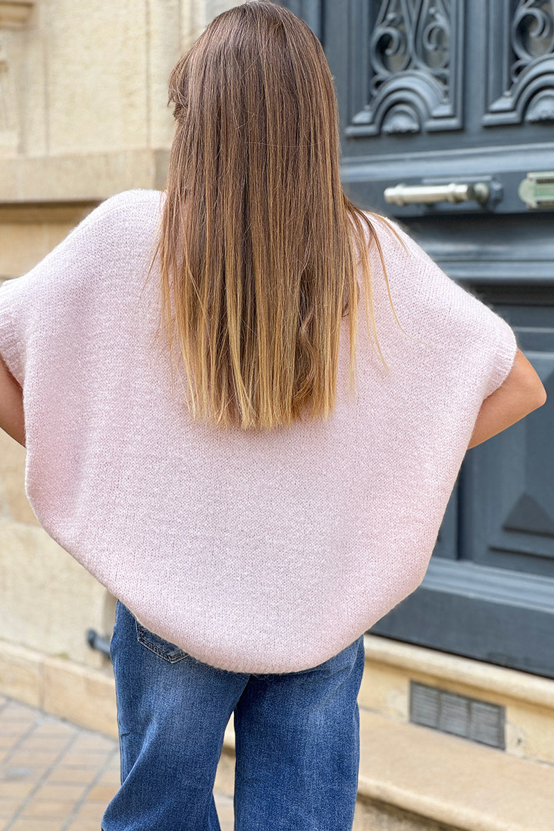 Pull sans manches large et moelleux rose pâle en mohair col v côtelé