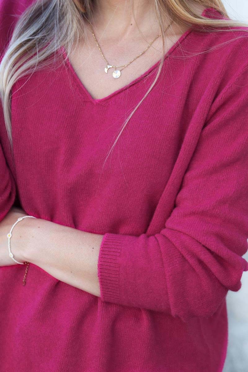 Fuchsia soft basic V-neck sweater