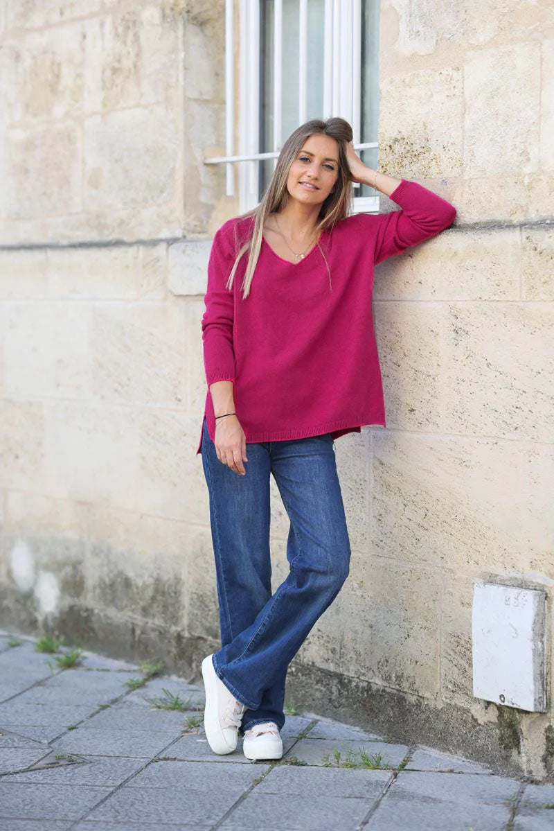 Fuchsia soft basic V-neck sweater
