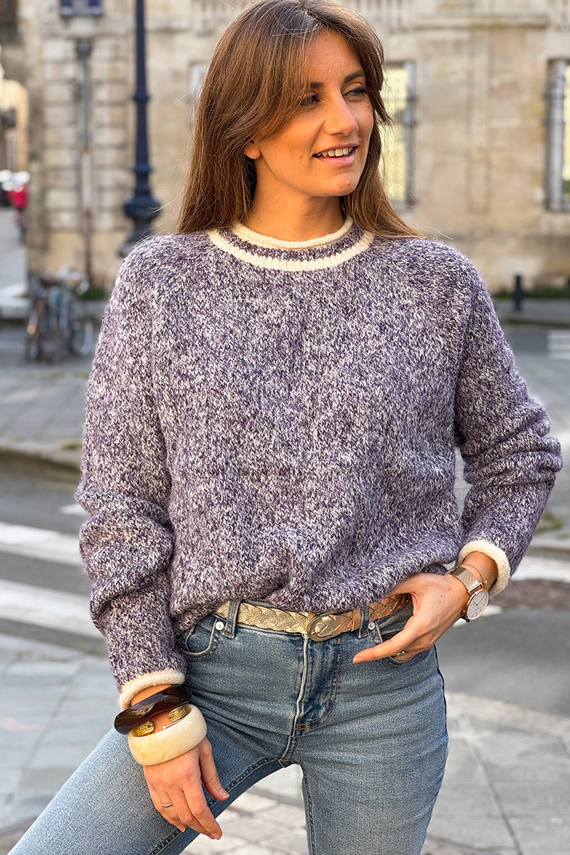 Pull tout doux et moelleux chiné violet détails écru
