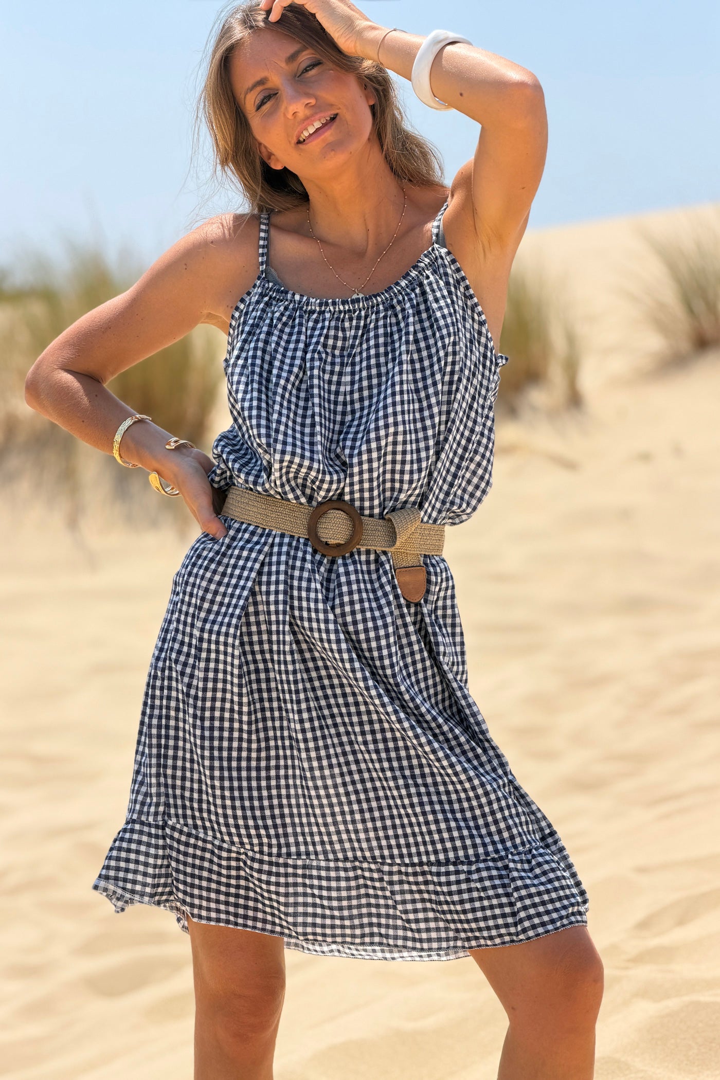 Navy Strappy Gingham Sun Dress