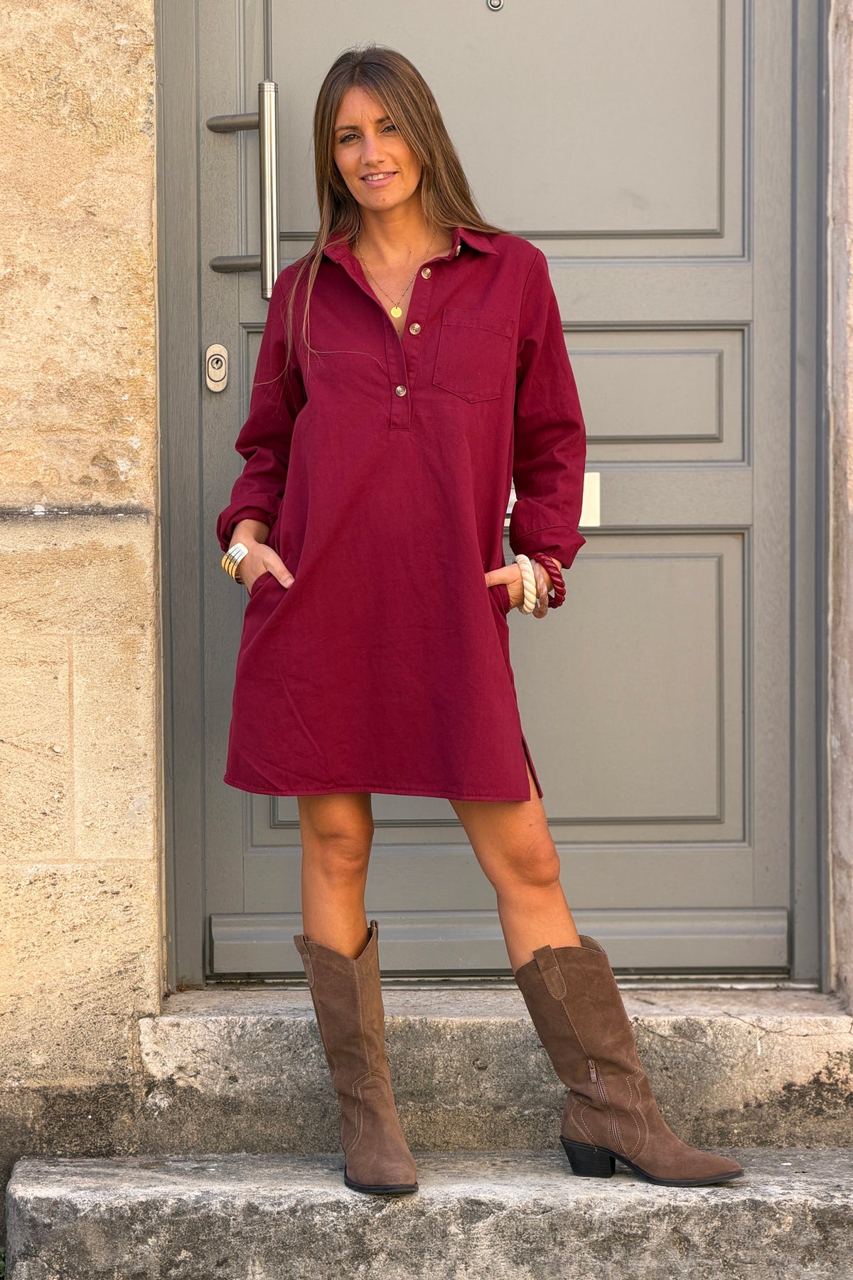 Merlot Aubergine Woven Half-Placket Long-Sleeve Dress