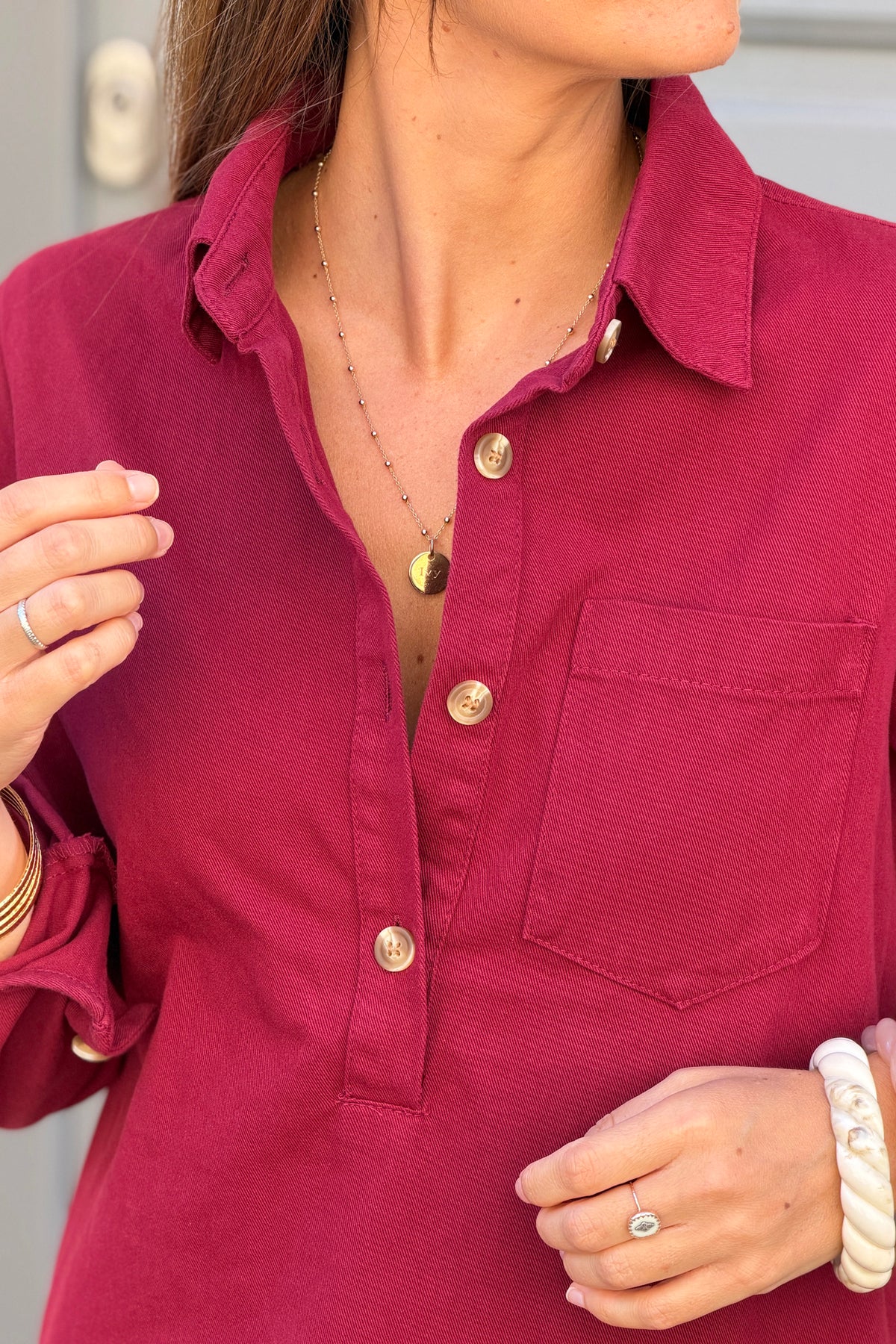 Merlot Aubergine Woven Half-Placket Long-Sleeve Dress