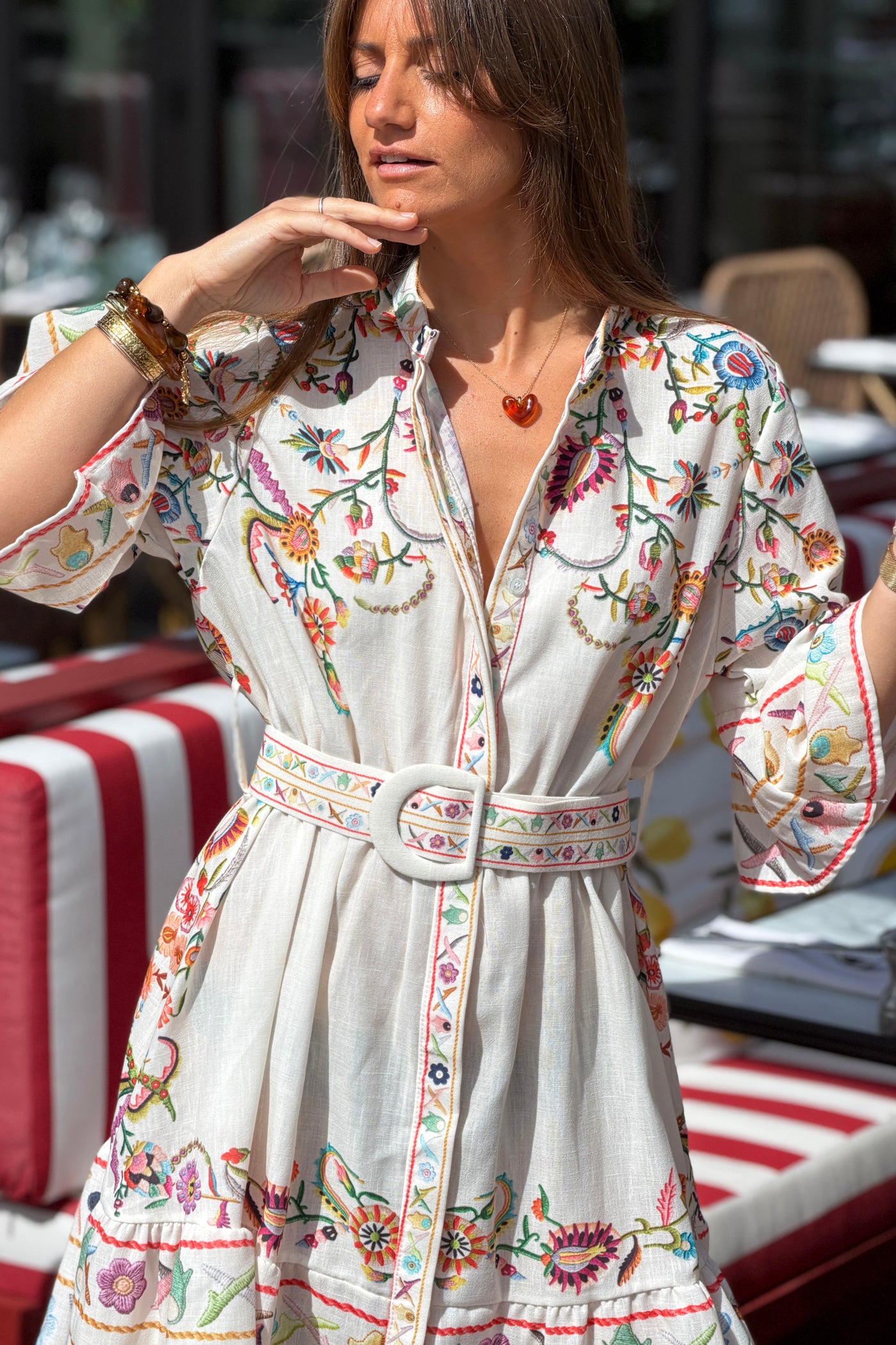Beige Embroidered Folk Garden Belted Dress