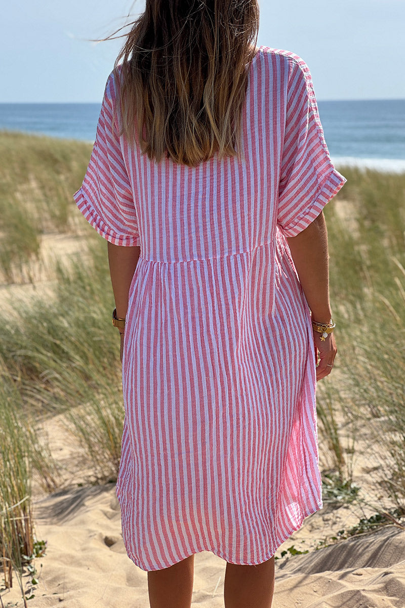 Robe blanche en gaze de coton rayures corail manches looses