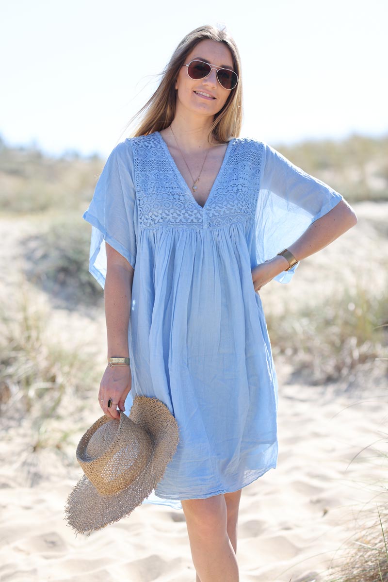 Light blue Floaty Cotton Dress with Lace Top