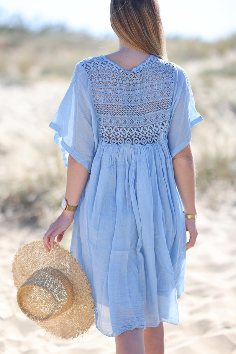 Light blue Floaty Cotton Dress with Lace Top