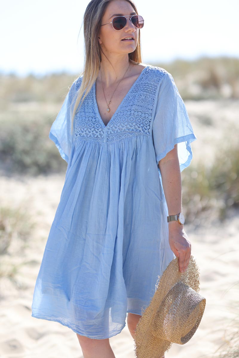 Light blue Floaty Cotton Dress with Lace Top